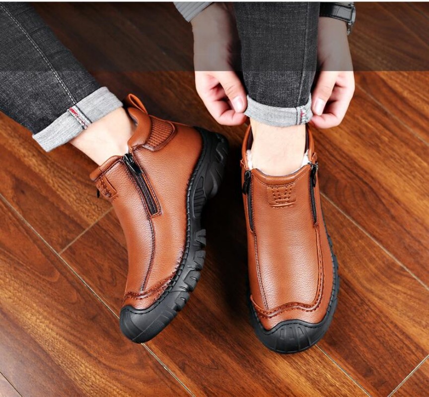 Winter Men Boots Thick Plush Warm Snow Boots Leather Zipper Men's Ankle Boots Platform Non-slip Waterproof Mens Hiking Shoes