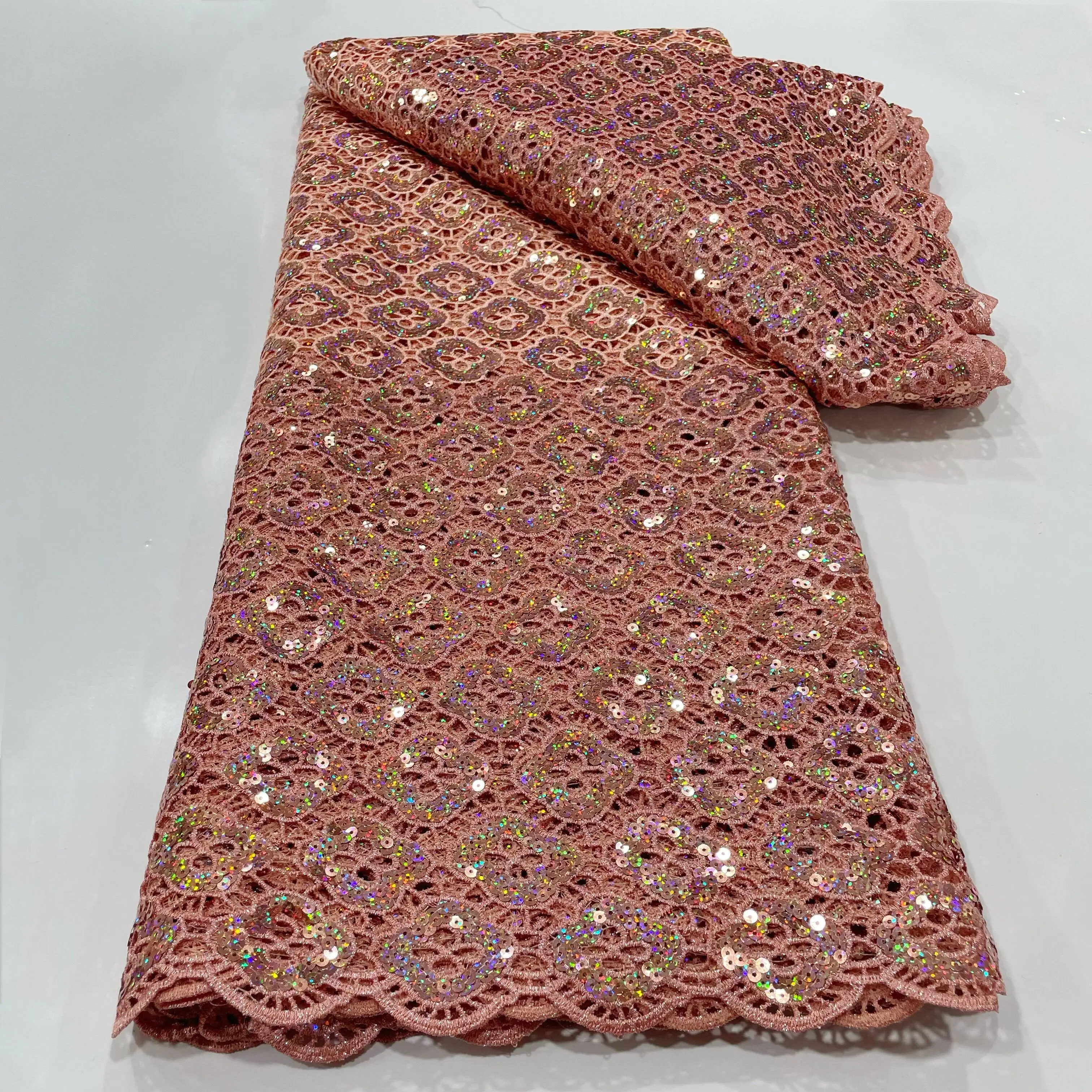 Luxury African Nigerian Tulle Lace Fabric With Sequins High Quality Popular Embroidery Sewing Guipure Cord Lace Party Dresses