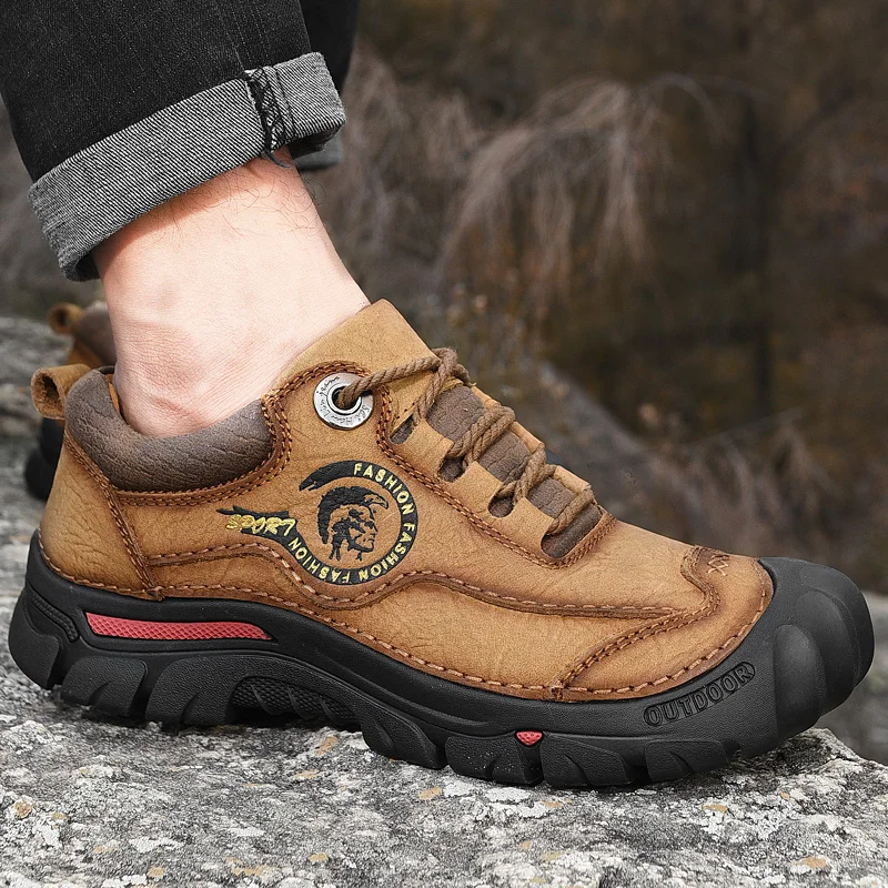 Shoes for Men of Pure Leather Hiking Shoes Trekking Waterproof Sneakers Flats Outdoor Walking Mountain Sports Shoe