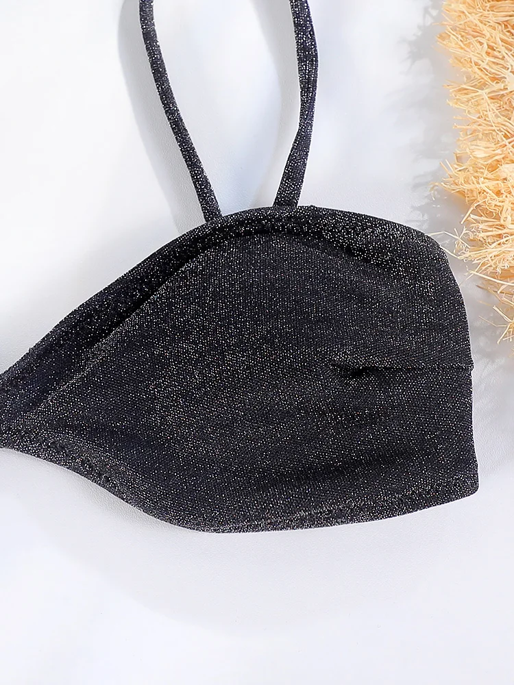 Rinabe Black Swimsuit Shiny Bikini Sexy Swimwear Women String Bathing Suit Brazilian Bikini Solid Color Beachwear