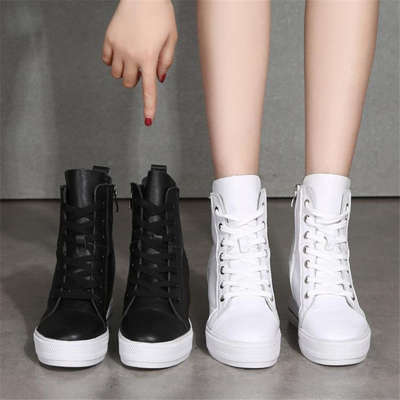 Women Genuine Leather 8cm Hidden Wedge Sneakers Platform Shoes High Heels Sneakers Woman Casual Shoes White Women Trainer