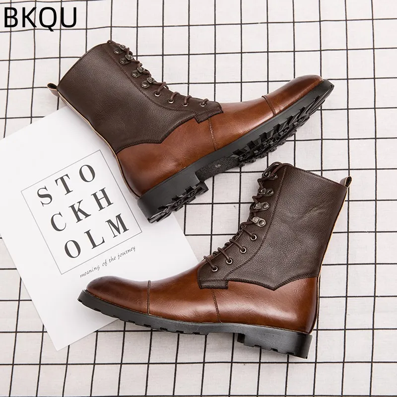 Men's Trendy High-top Boots Motorcycle Boots Leather Boots Non-slip Low-top Thick-soled Elastic Outdoor Wear-resistant Fashion