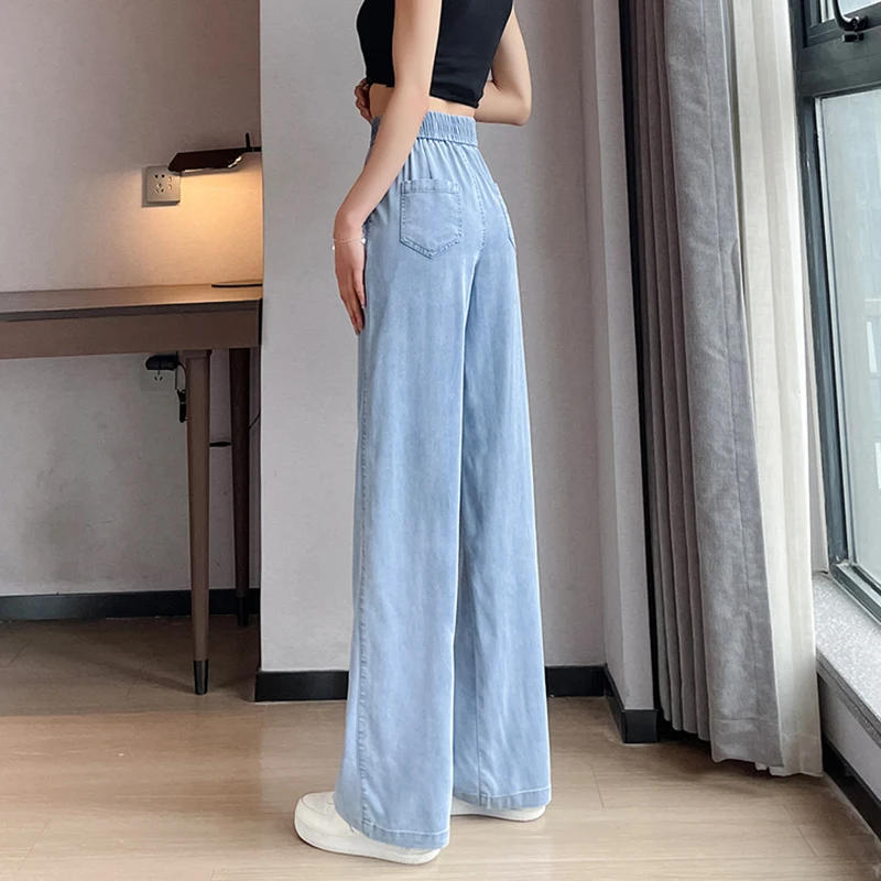 Wide Leg Ice Silk Jeans Women Summer Soft High Waist Pants Femme Thin Loose Casual Trousers Cool Denim Pants Mujer Light Blue