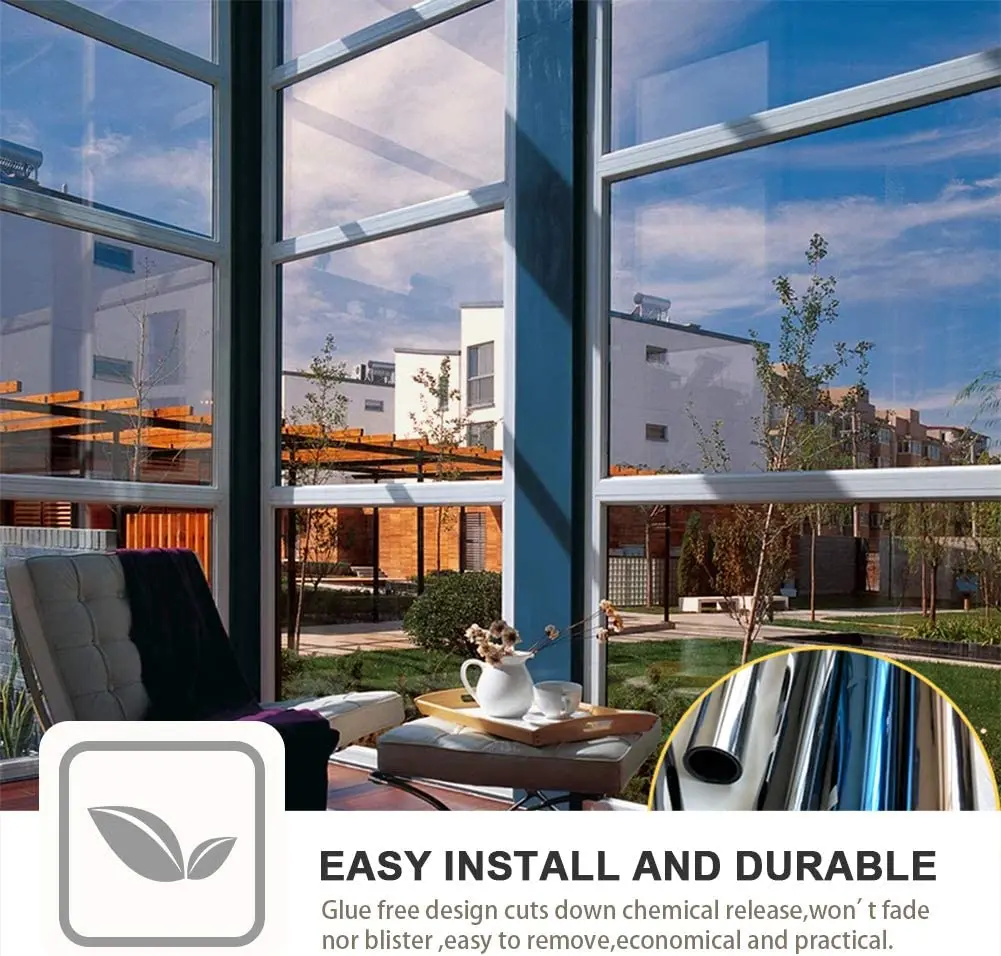One Way Mirror Window Film Privacy Self-Adhesive Film Anti UV Heat Control Reflective Window Tint for Home Office Vinyl Silver