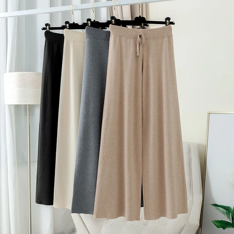 Drawstring Slim Waist Wide Leg Pant High Waist Loose Knitted Casual Pants 2023 Harajuku Solid Color Elegant Straight Pants Women