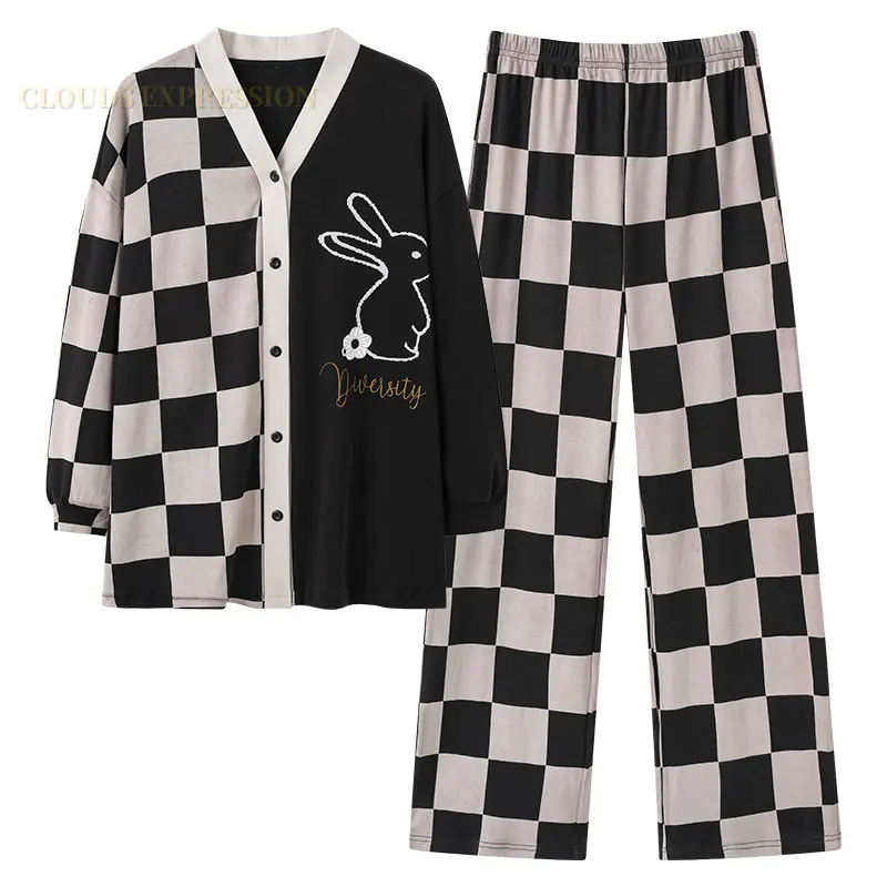 Spring Plaid Elegant new Women 2025 Pama Sets Female Pyjamas V-neck Girls Kimono Sleepwear Femme Loungewear Pijama Mujer Home Nightwear