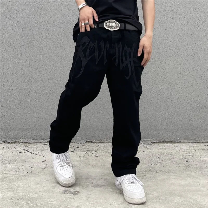 New Y2K Black Baggy Jeans Men's New Streetwear American Vintage Printed new 2025 Letter Pants Straight Hip-hop Loose Denim Trousers