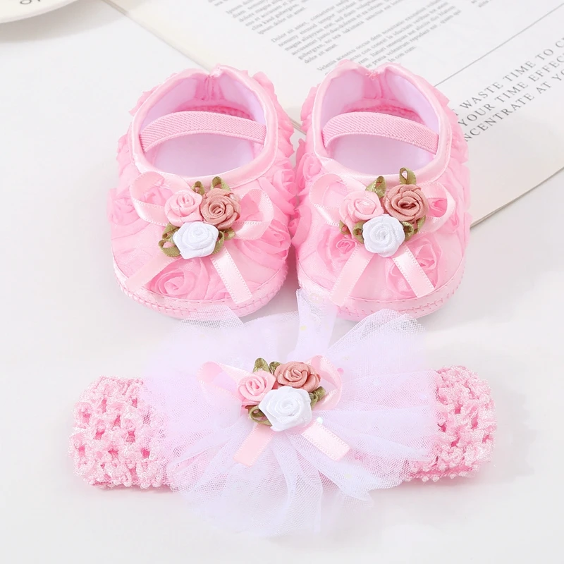 0-18months Baby Girls Shoes Soft Sole Flower Crib Shoes Elastic Band Non-Slip Toddler Girls Hoes With Headband Sets