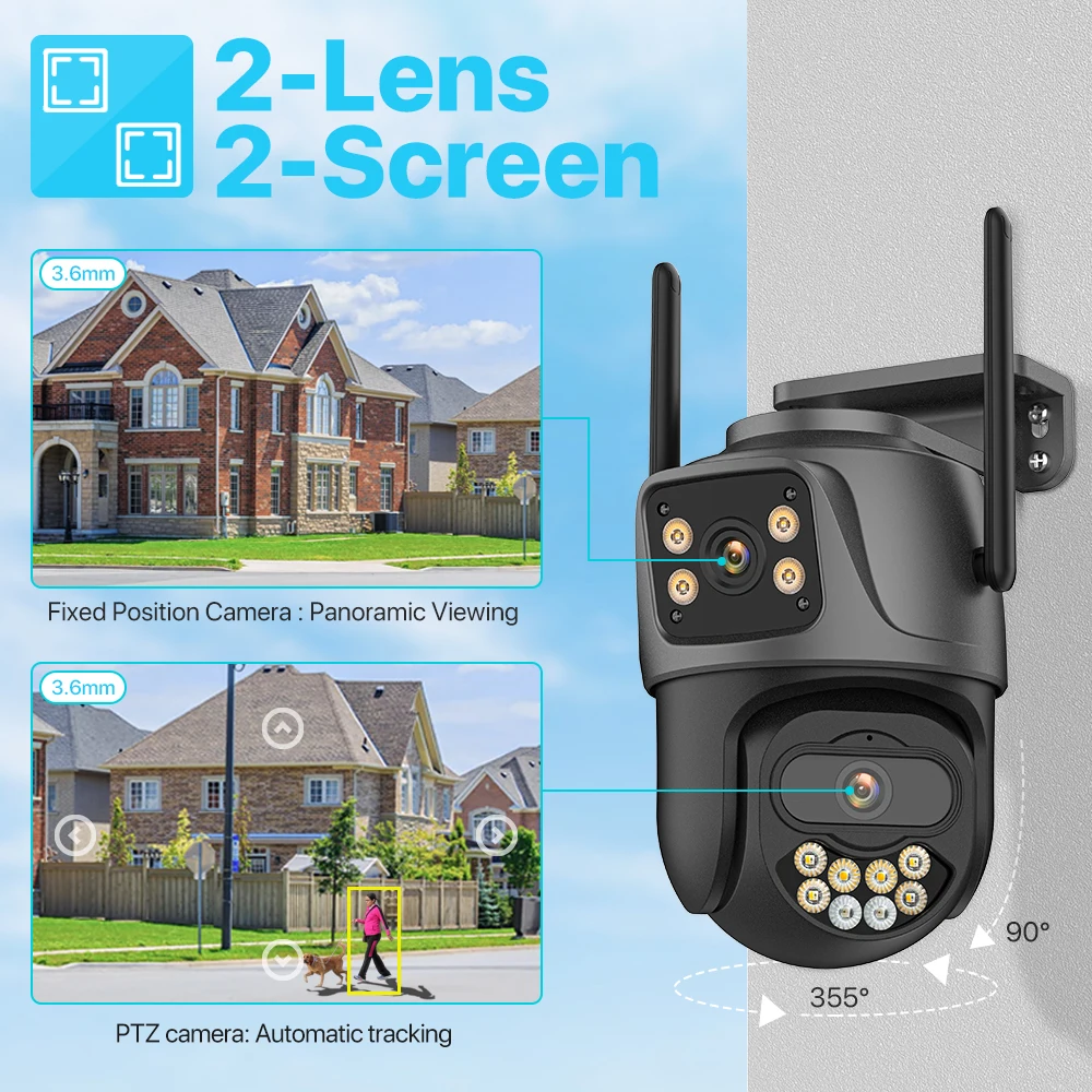 4K HD Wifi Camera Outdoor Dual Lens Dual Screen 8MP 4MP Security PTZ Camera AI Auto Tracking CCTV Surveillance Cameras iCSee