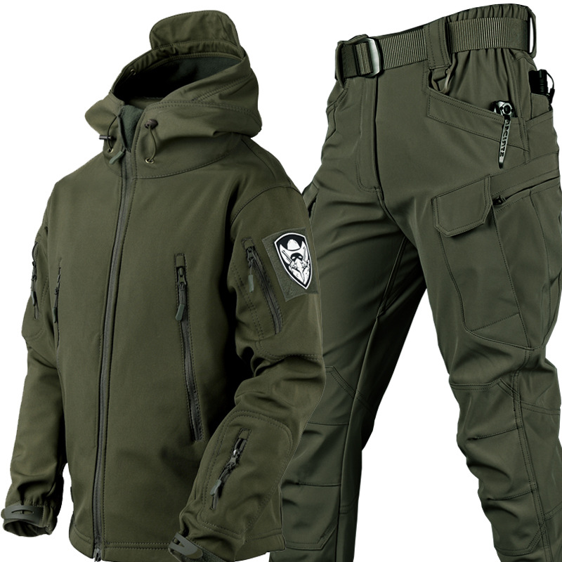 Men's Thick Soft Shell Winter Work Sharkskin Storm Jacket Velvet Hiking Clothing Fishing Two Piece Set Tracksuits