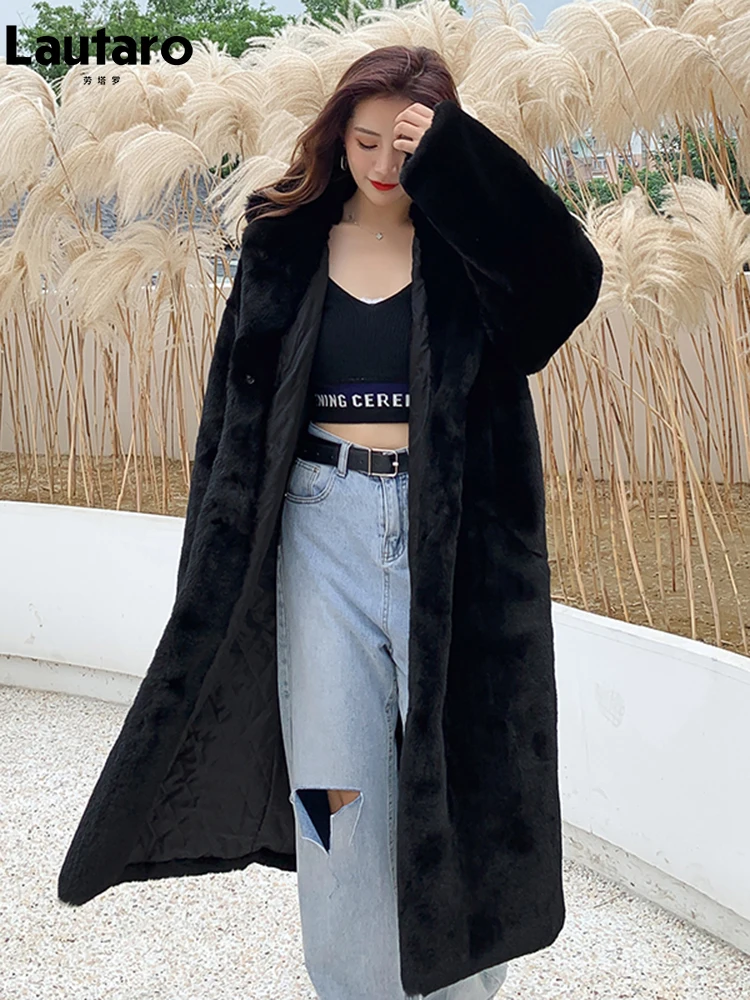 Lautaro Winter Long Loose Casual Windproof Soft Thick Warm Fluffy Green Black Faux Fur new 2025 Coat Women with Hood Furry Overcoat 2023
