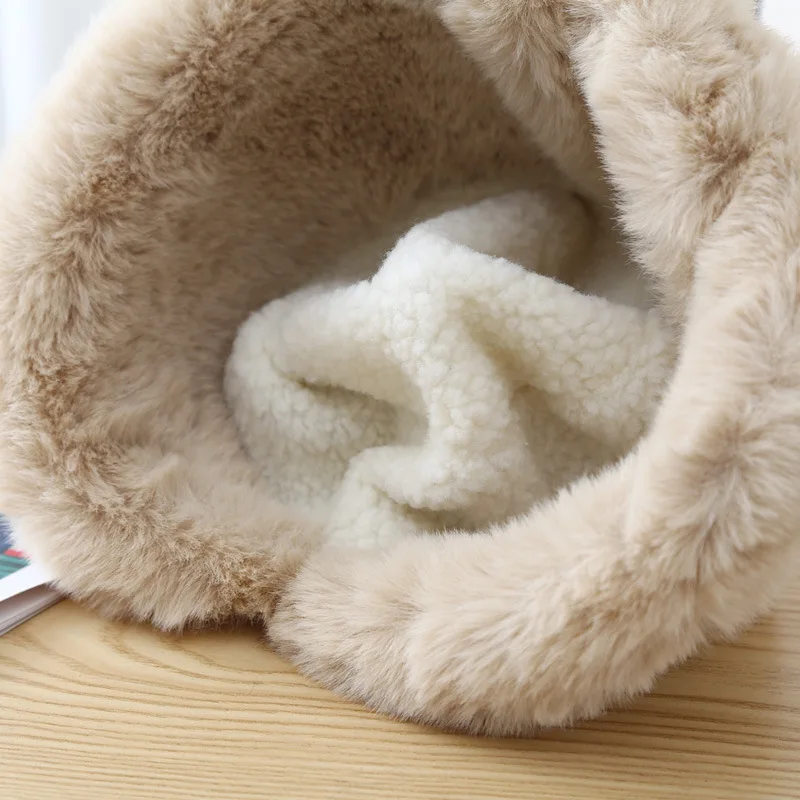 Winter Women Fisherman Cap Thick Fluffy Fur Panama Basin Cap Solid Color Plush Bucket Hat Windproof Warm Female Bonnet Visors