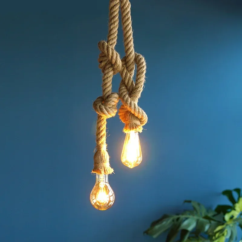 Vintage Sisal Hemp Rope Tie Pendant Lamp Hanging Ceiling Light Chandelier Retro Lustre Loft Creative Industrial Home Room Decor