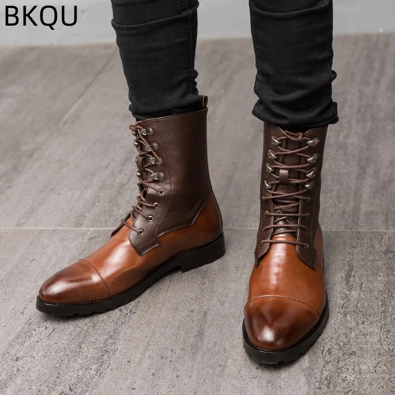 Men's Trendy High-top Boots Motorcycle Boots Leather Boots Non-slip Low-top Thick-soled Elastic Outdoor Wear-resistant Fashion