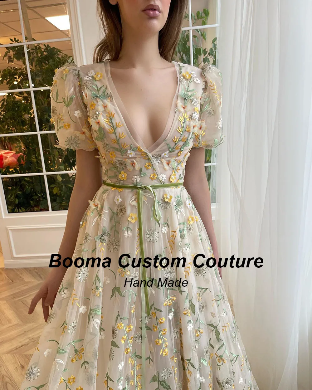 Booma A Line Embroidery Lace Prom Party Dresses Deep V Neck Short Puff Sleeves Evening Gowns for Women Homecoming Events Dresses