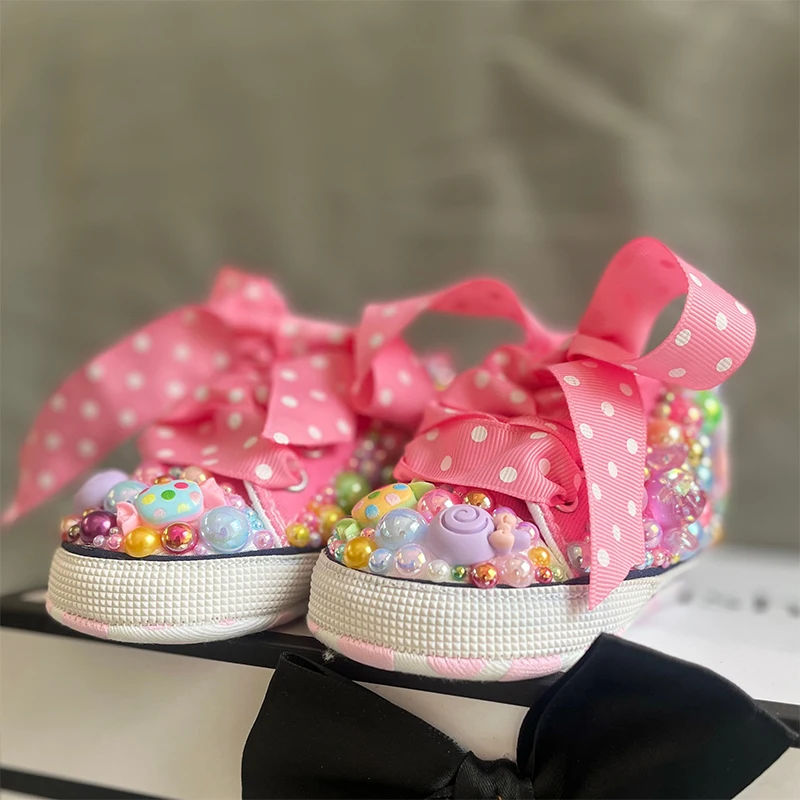 Random Lollipop Candy First new Walking Canvas 2025 Baby Infant Shoes Soft Sole Sneakers For Girl Birthday Party Handmade Bling Shoes