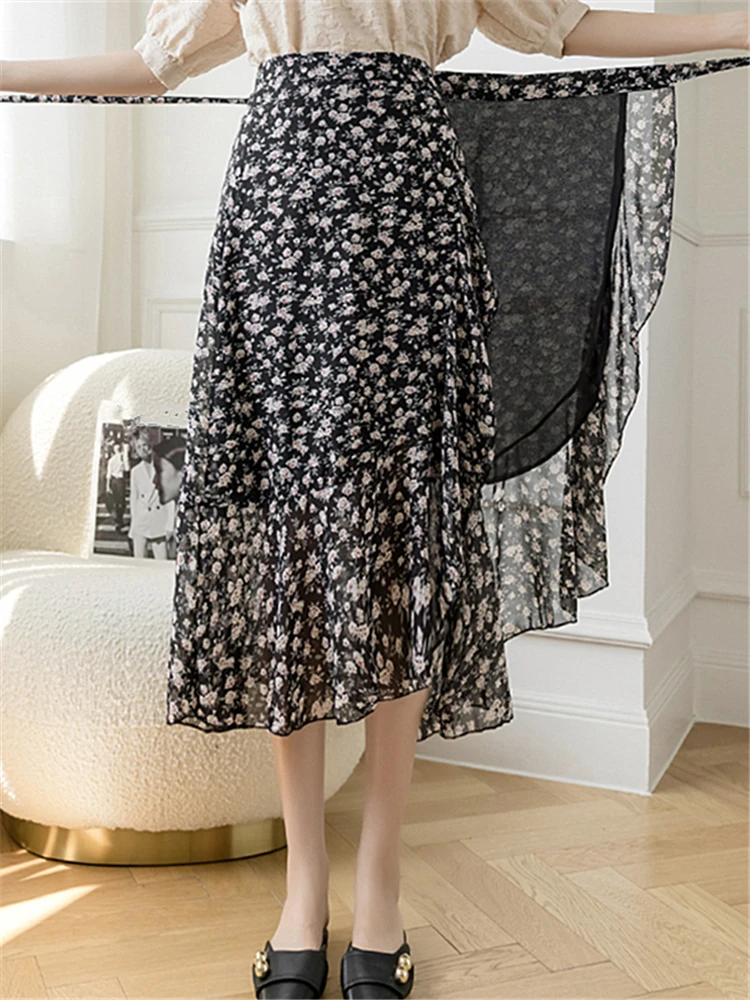 REALEFT New new Summer 2025 Skirts Female Elegant French Style Ruffled Fishtail A-line High Waist Adjustable One-piece Floral Skirt