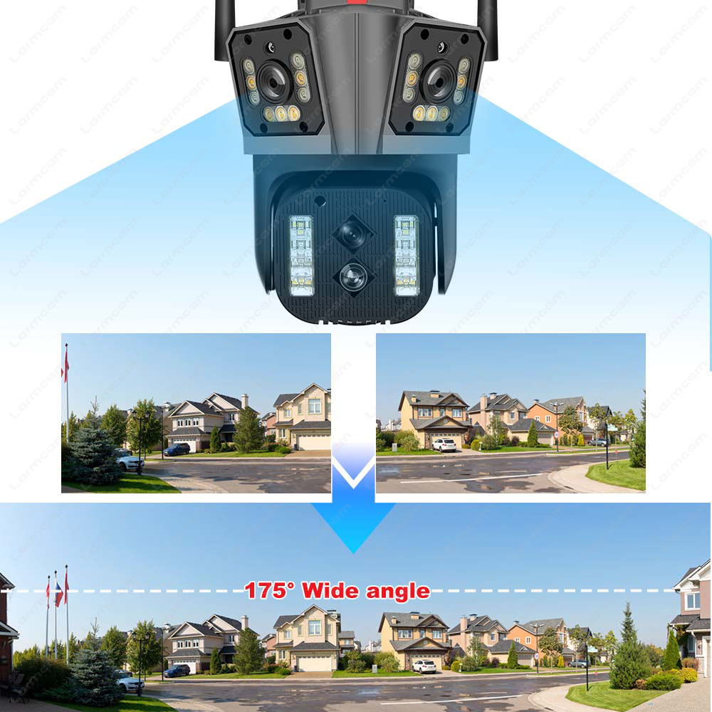 16MP 8K WiFi Camera Outdoor Security Cam Four Lens Three Screen 10X Zoom Video Surveillance PTZ Mini CCTV 360° AI Tracking
