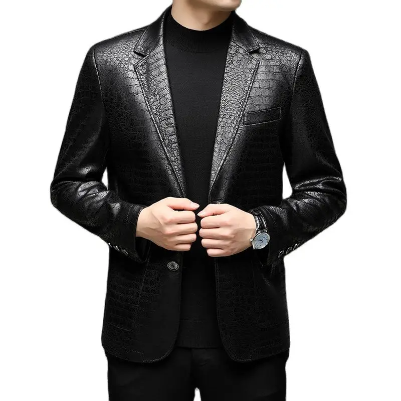 2023 Men's New Spring Autumn 2025 Vintage Soft Faux Leather Jackets Male Classic Slim Fit Crocodile Pattern Suit new Black Blazers Coats