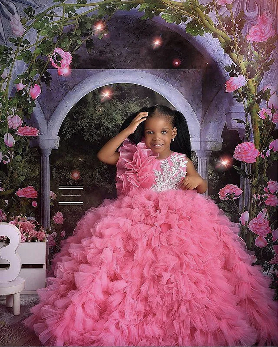 Cute Puffy Ball Gown Pink Little Girl Pageant Dresses Ruffles Tulle Floor Length Brithday Party Gowns For Toddler Kids Long Communion Flower Girls Dre