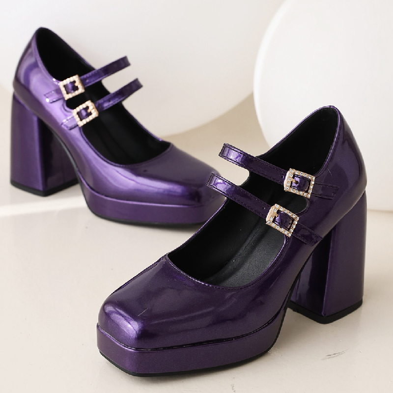 Sexy Punk High Heels Pumps Woman Mary Janes Shoes Large Size 45 Patent Black Red Blue Women's Heeled Dance Party Wedding Shoes