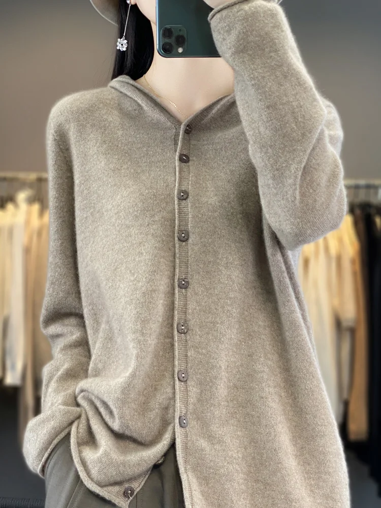 Aliselect Spring Autumn Female 100% Merino Wool Sweater Women Knitted Gingrich Cardigan Knitwear Loose Hoodie Clothing Tops