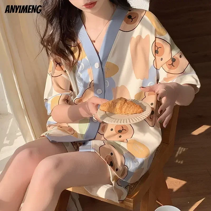 Korean Pamas Set new for 2025 Women Summer Loungewear Sleepwear Girls Sweet Lapel Pyjama Kawaii Bear Printed Pijamas Japanese Home Suit