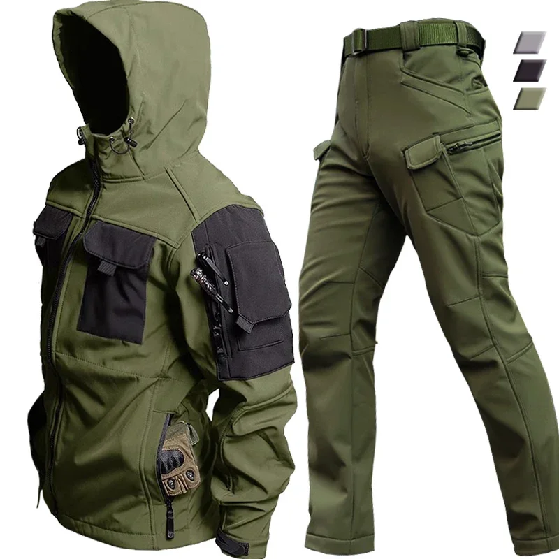 Soft Shell Suit Men Waterproof Tactical 2 Pcs Set Shark Skin Windproof Hooded Jacket Multi-pockets Cargo Pants Uniforms