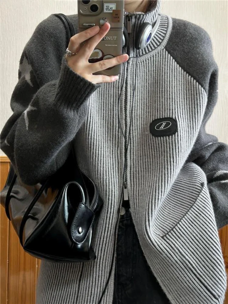 new Vintage Stand Collar Double Zip Up Cardigan Women 2025 Autumn Y2k Aesthetic Sweater Jacket Star Patchwork Haruku Coat
