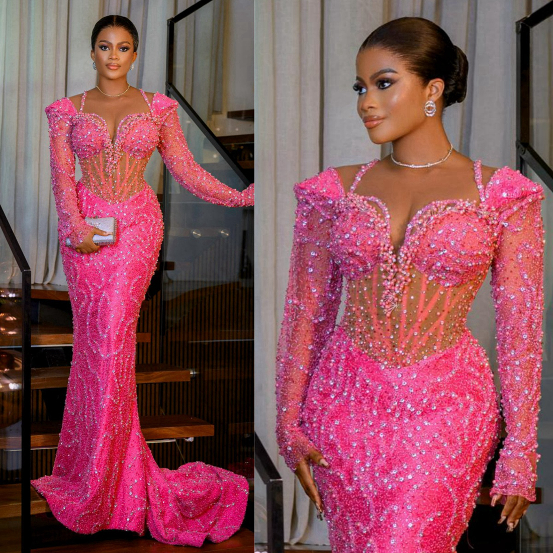 2024 Aso Ebi Prom Dresses for Black Women Promdress Evening Dresses Elegant Illusion Long Sleeves Beaded Lace Sparkling Birthday Dress Reception Gowns