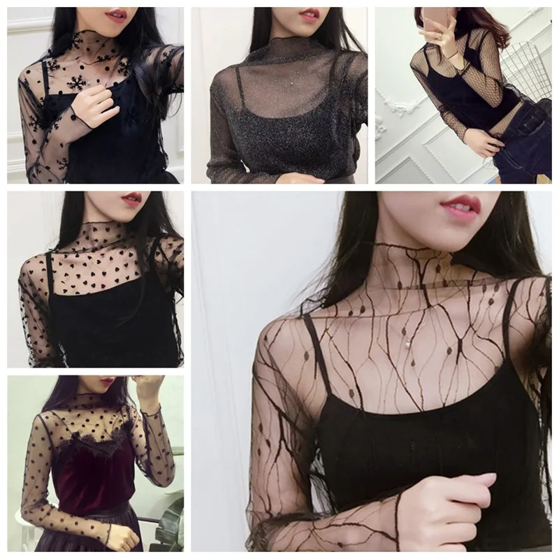 Women Mesh Long Sleeve Tops Hot Sexy new Transparent High Neck Black Lace Bottoming Shirts Punk Chic T 2025 Shirt Women