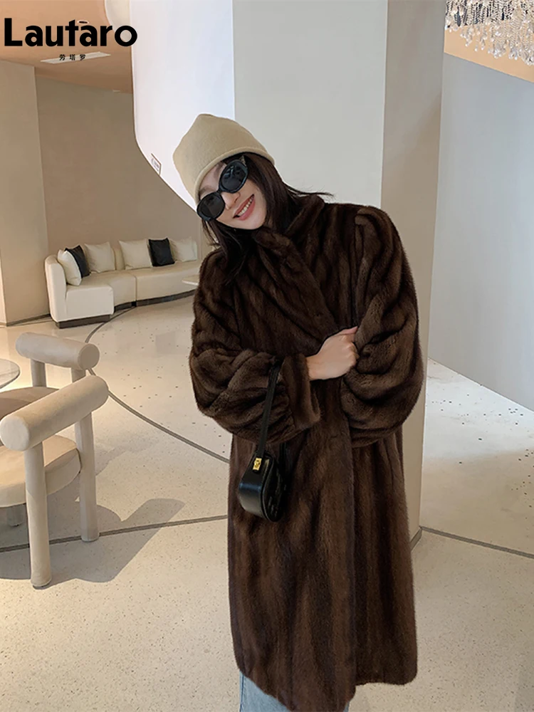 Lautaro Winter Long Brown Thick Warm Soft Faux Mink Fur Coat Women Puff Sleeve Elegant Luxury Chic Fluffy Furry Overcoat 2023