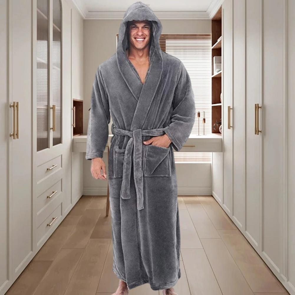 Plush Bathrobe Luxurious Men's Hooded Bathrobe with Adjustable Belt Ultra Soft Absorbent Male Robe with Pockets Plush Solid