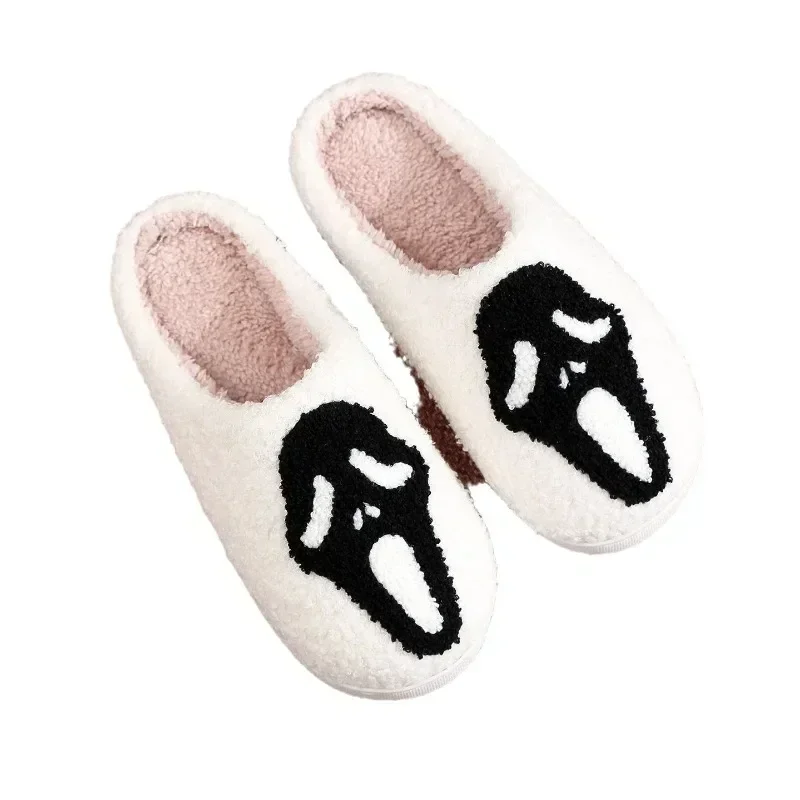 Warm Plush Slippers Women's Winter New Halloween Black Ghostface Home Cotten Slippers Men Flip Flops Indoor Floor Slippers Gifts