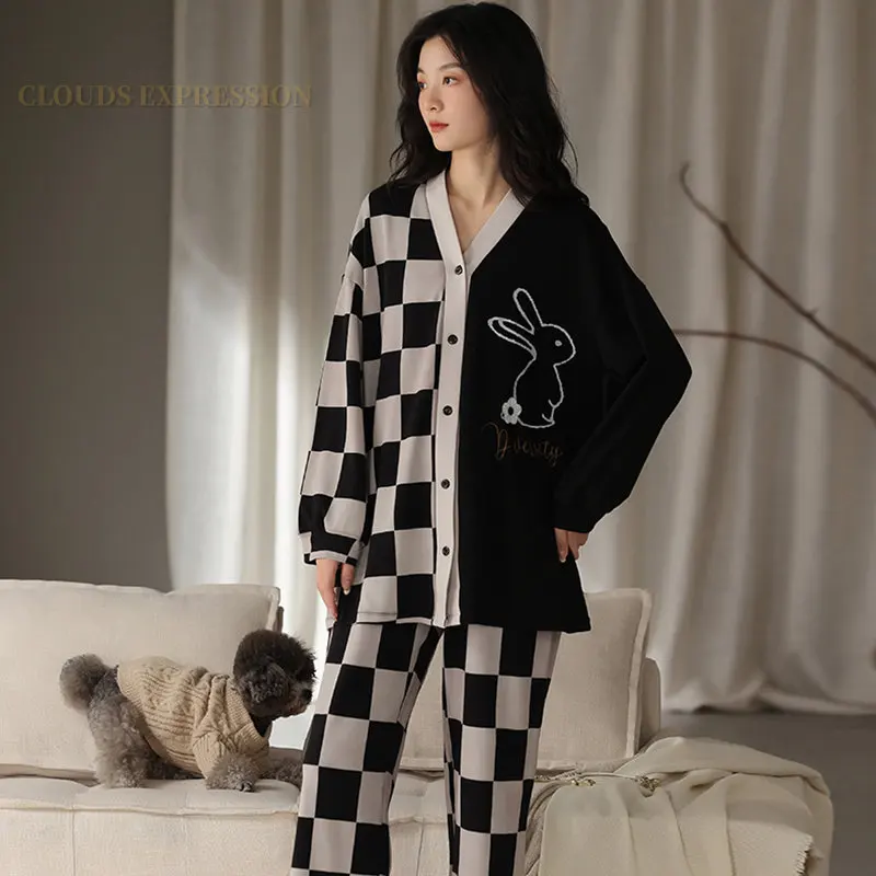 Spring Plaid Elegant new Women 2025 Pama Sets Female Pyjamas V-neck Girls Kimono Sleepwear Femme Loungewear Pijama Mujer Home Nightwear