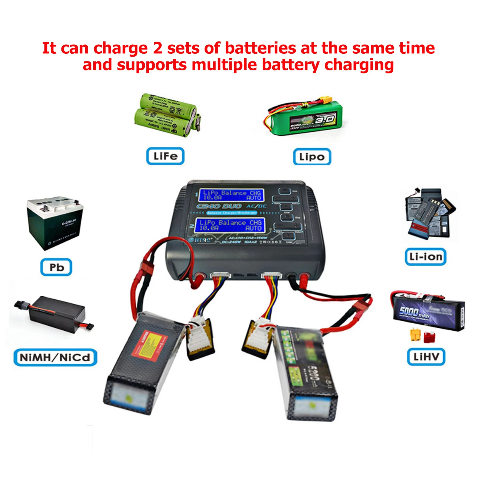 HTRC C240 DUO Lipo Balance Charger for 1-6S LiPo/Li-ion/Life 1-15S NiCd/NiMH Dual Channel AC 150W DC 240W C240 C150 RC Charger