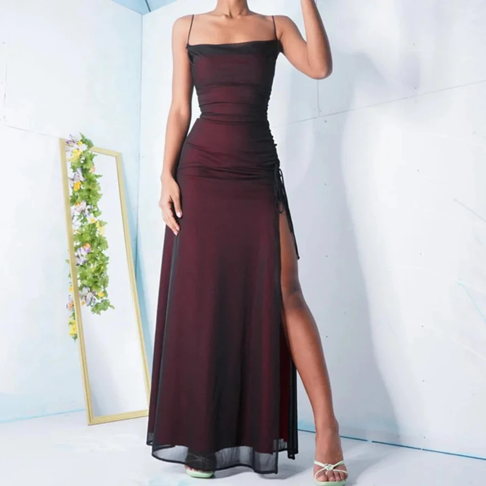 Dark Red Spaghetti Straps Tulle Mermaid Prom Gown 2023 Sexy High Side Slit Cocktail Party Floor Length Evening Dresses For Women