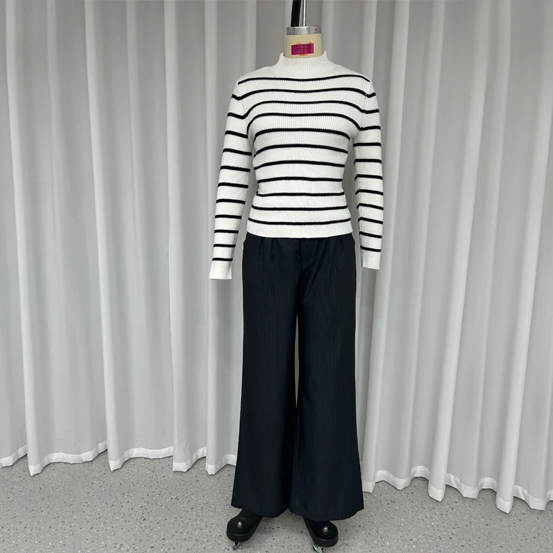 Wefads Women Two Piece Set Winter Office Casual Striped Printed Crew Long Sleeve Slim Sweater Top Loose With Pockets Pants Sets