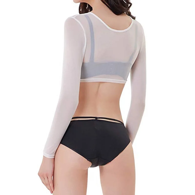 new Women Casual All-match Shawl Mesh Colour Crop Top Long Sleeve See Through T-Shirt Sheer Sexy Stretchy Blouse Chic 2025 Elegant Shrug