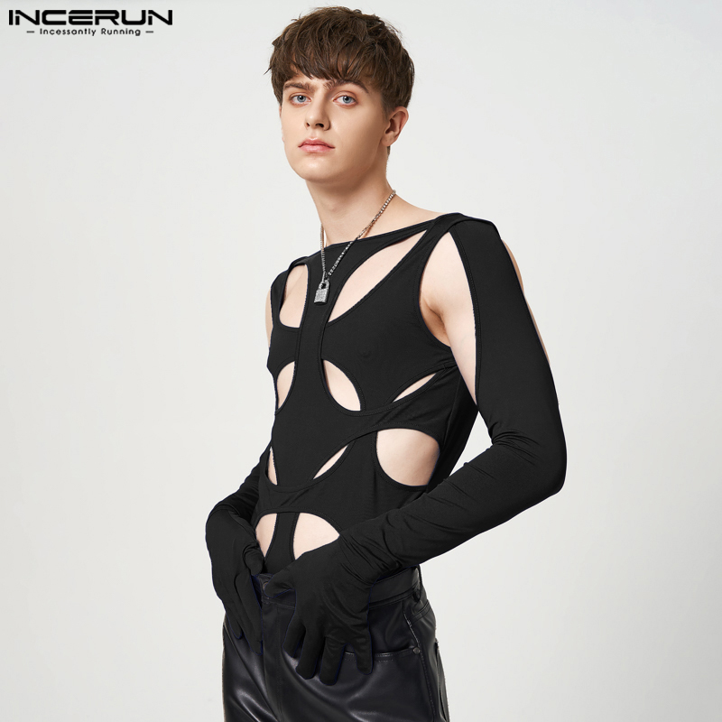 INCERUN Men Bodysuits Solid Color new Hollow Out Sexy O-neck 2025 Gloves Streetwear Long Sleeve Rompers 2023 Irregular Bodysuit S-5XL