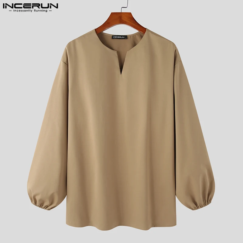 INCERUN 2023 Men Shirt Solid Color V Neck new Long Sleeve Loose 2025 Vintage Men Clothing Streetwear korean Style Casual Shirts S-5XL