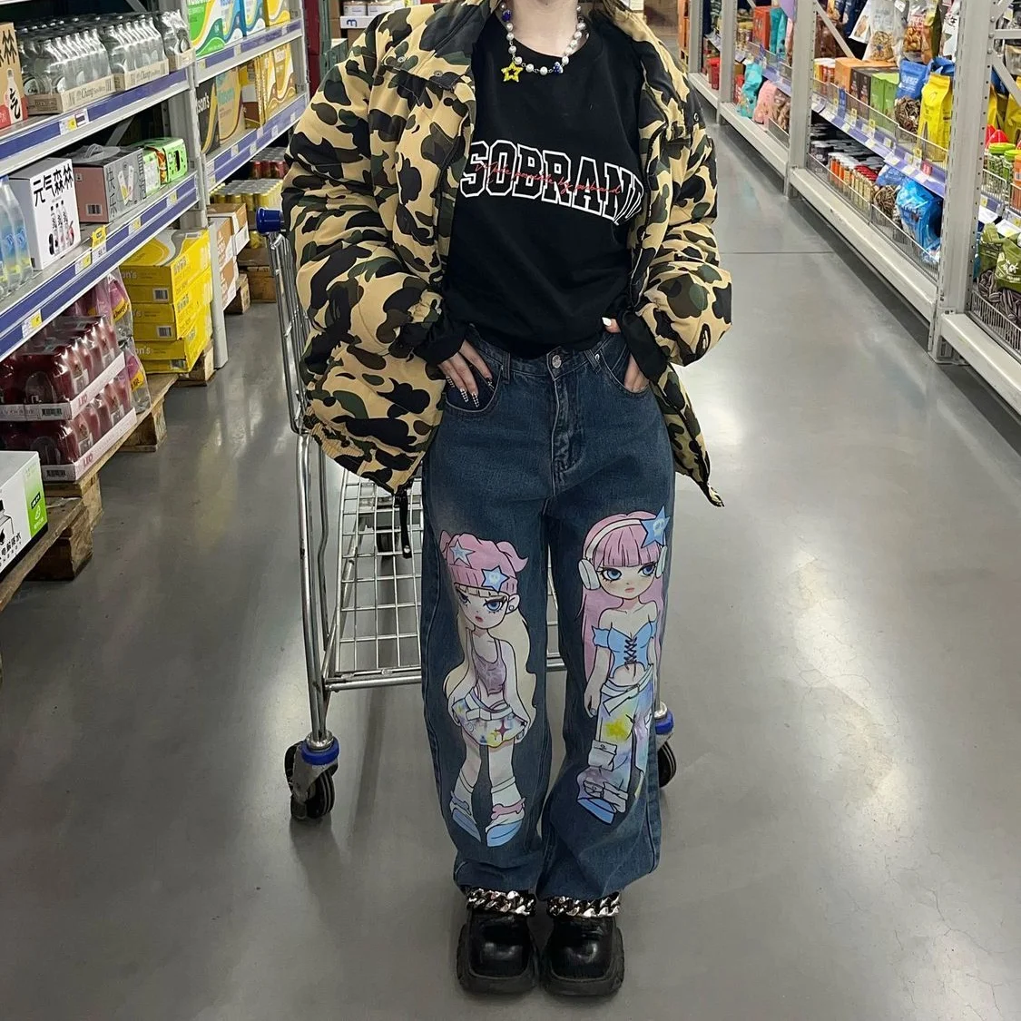 Hip Hop Vintage Print Jeans Anime Harajuku Straight Pants Loose Versatile Baggy Pants Casual Trousers Boyfriend Jeans For Women