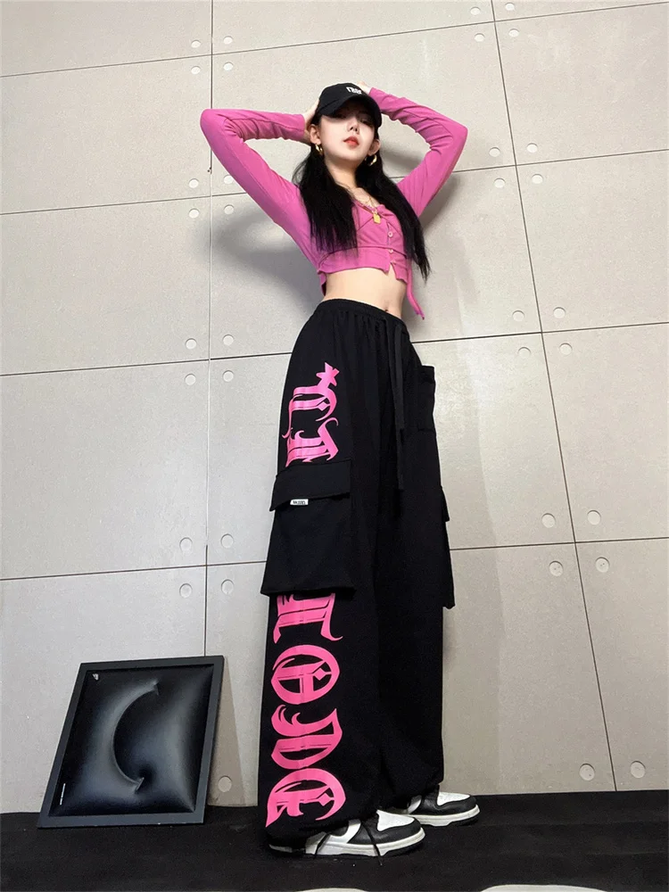 QWEEK Y2K Korean Style Jogging Sweatpants Women Streetwear Kpop Letter Print Cargo 2025 new Pants Oversize Haruku Egirl Sports Trousers
