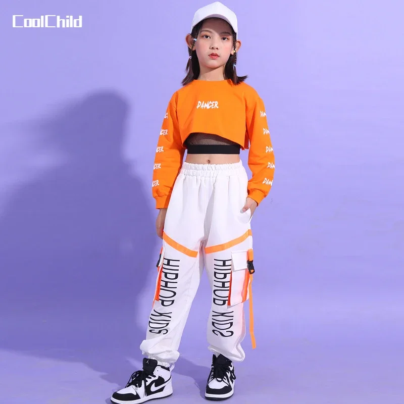 Hip Hop Girls Crop Top Contrast Cargo Pants Boys Sweatshirt Joggers Child Streetwear Clothes Sets Kids Street Dance Jazz Costume