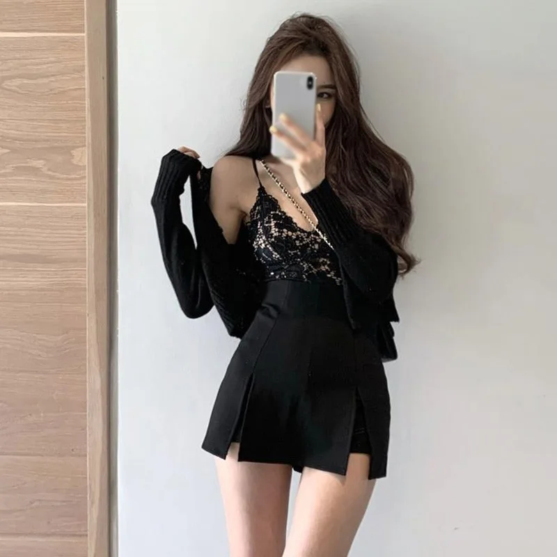 new Korean Style Skirt Suit Hakama Sexy 2025 Skinny Super High Waist Double Slit