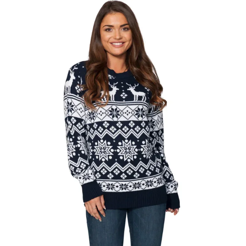 Family Christmas Sweater Winter Snowflake Print Warm Long Sleeve Round Neck Pullovers Knitted Tops Parent Child Outfit Tops
