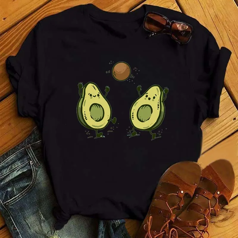 Maycaur New Women T-Shirts Summer Cute Avocado Printed Tops Tees Female T-shirt Short Sleeve White Tshirt for Lady Casual Tops