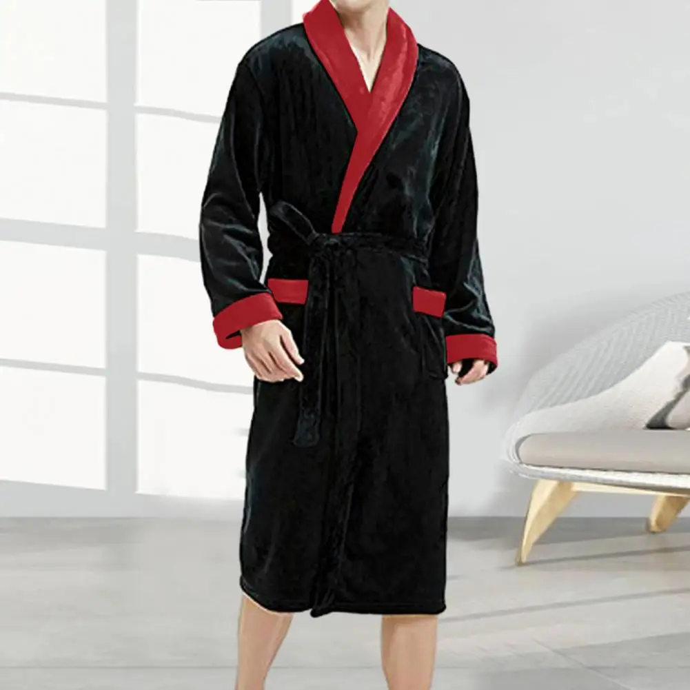 Men Winter Nightgown Thick Plush Print Coral Fleece Long Sleeve Tie Waist Pockets Homewear Sleepwear Robe Bathrobe
