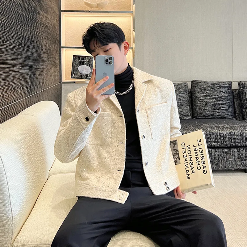 NOYMEI 2025 Temperament All-match Sqeuins Men's Short Blazer Autumn Winter 2024 New Black Lapel Fashionable Korean new Suit Jacket WA2626