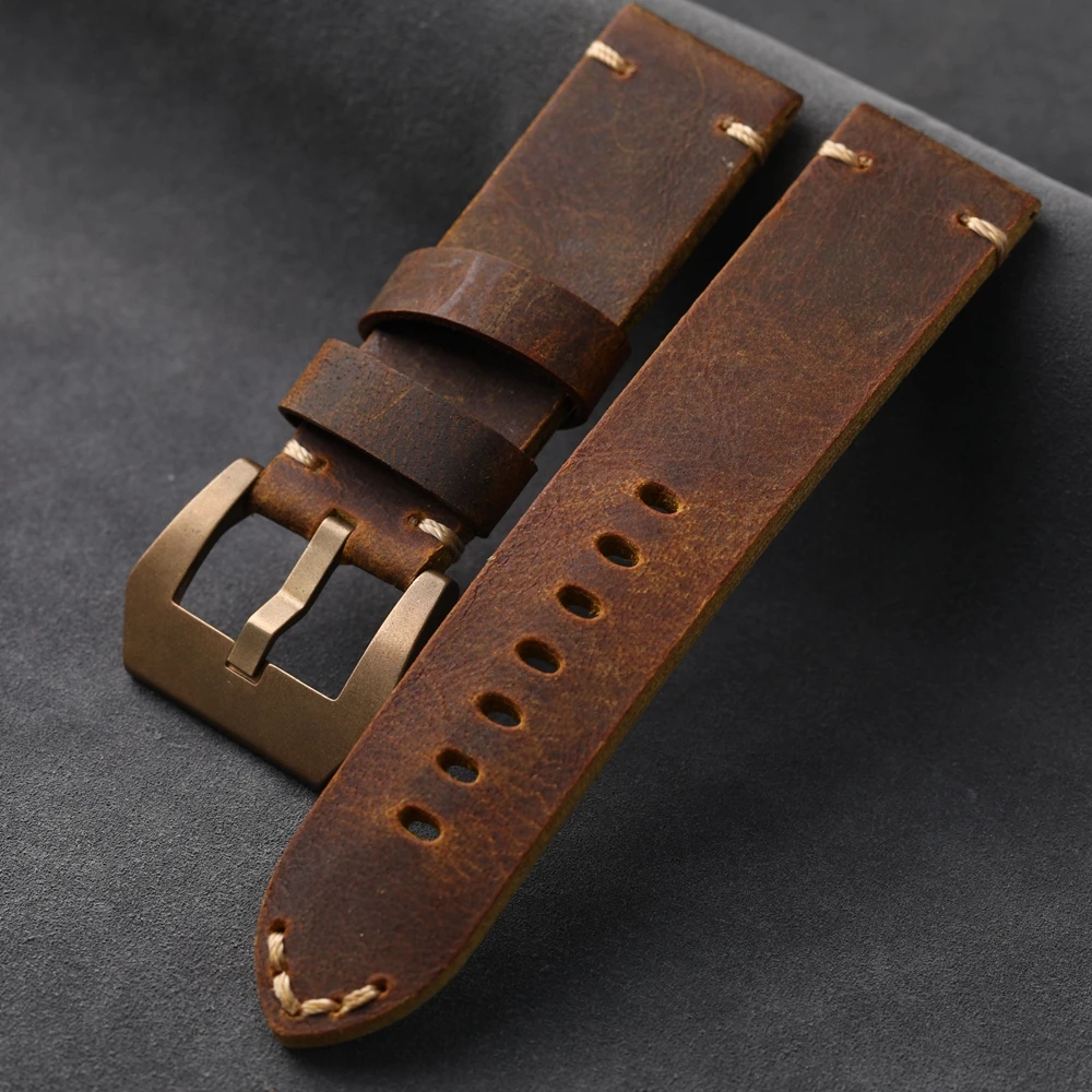 Handmade Bronze Watch Accessories Bracelet 20 22 24MM Brown Men's Vintage Bracelet Head Layer Cow Leather Straps